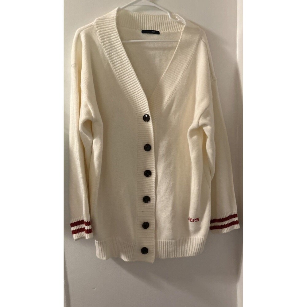HIDE and SEEK Women Acrylic Ivory/ Red Striped Ribbed Cuffs Cardigan 2X